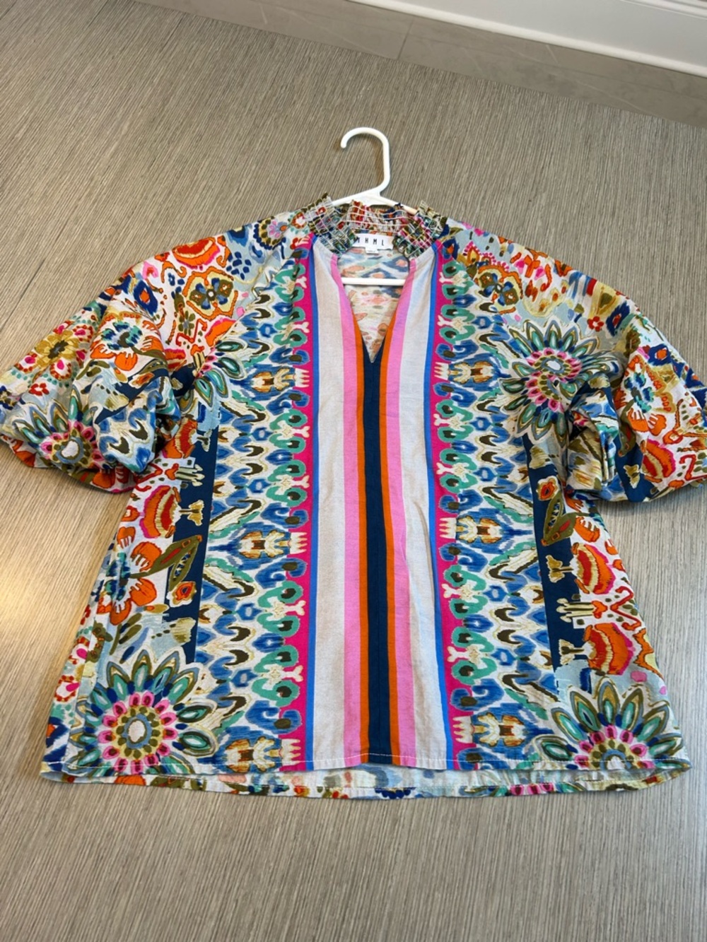 THML Multicolor Floral-Stripe Short Sleeve Top — Blue, Pink, Orange, Green - Picture 2 of 5